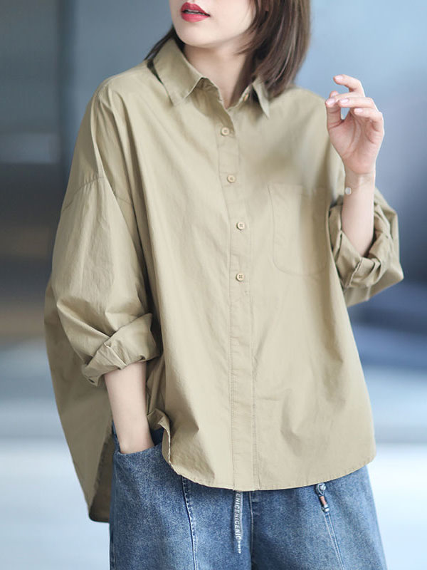 High-Low Long Sleeves Solid Color Lapel Blouses&Shirts Tops