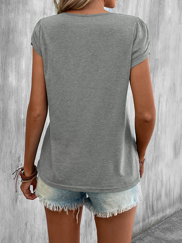 Loose Short Sleeves Solid Color V-Neck T-Shirts Tops