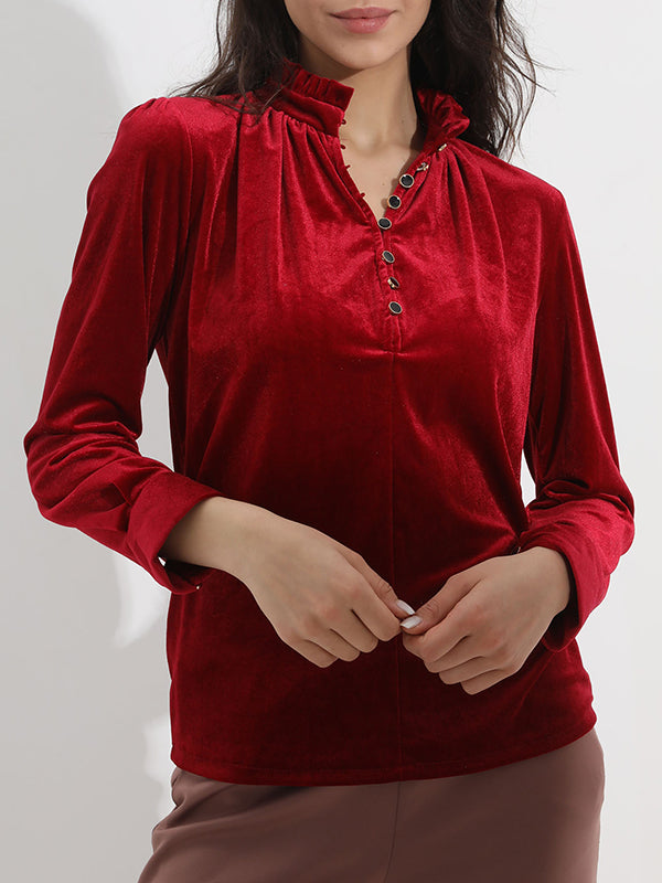 Long Sleeves Loose Buttoned Ruffled Velvet V-Neck T-Shirts Tops