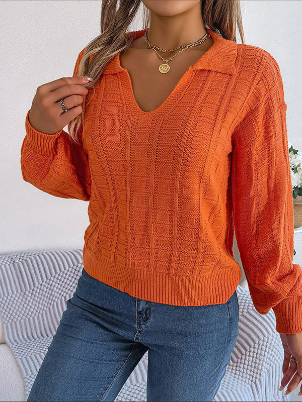 Long Sleeves Loose Solid Color Lapel Pullovers Sweater Tops