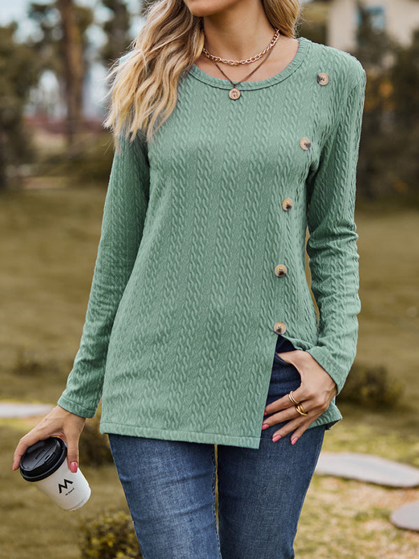 Long Sleeves Loose Buttoned Split-Front Round-Neck T-Shirts Tops