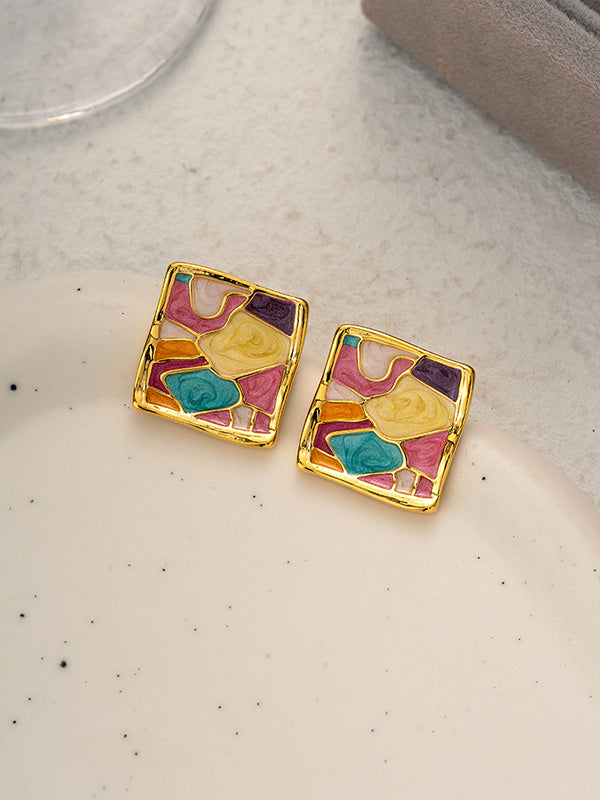 Multi-Colored Enamel Oil Painting Style Square Earrings