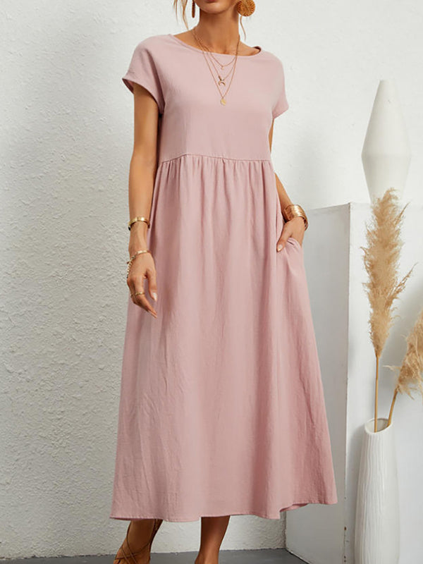 Loose Short Sleeves Pleated Solid Color Round-Neck Midi Dresses