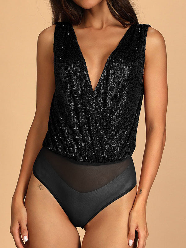 Skinny Sleeveless High-Waisted See-Through Sequined Split-Joint V-Neck Bodysuits