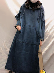 Vintage Loose Denim Drawstring Hooded Midi Dress