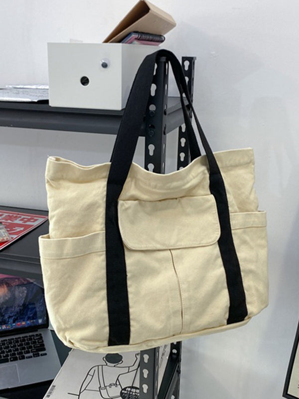 Simple Casual 3 Colors Canvas Big Pocket Bag