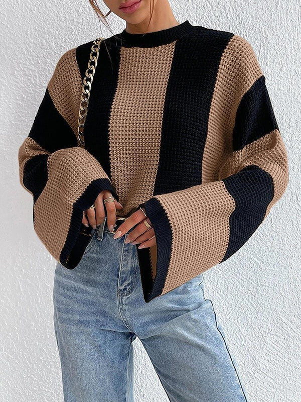 Flared Sleeves Contrast Color Striped Round-Neck Pullovers Sweater Tops