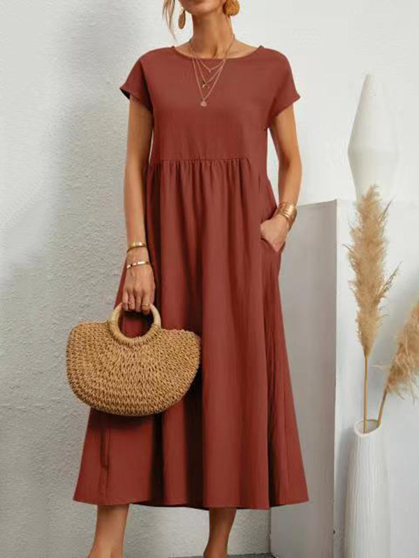 Loose Short Sleeves Pleated Solid Color Round-Neck Midi Dresses