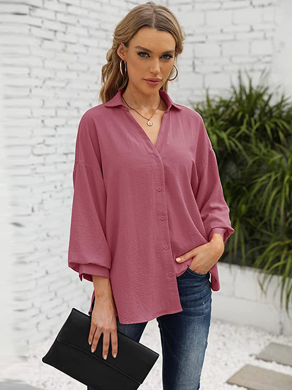 Loose Puff  Three-Quarter Sleeves Solid Color Lapel Blouses