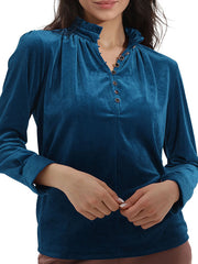 Long Sleeves Loose Buttoned Ruffled Velvet V-Neck T-Shirts Tops