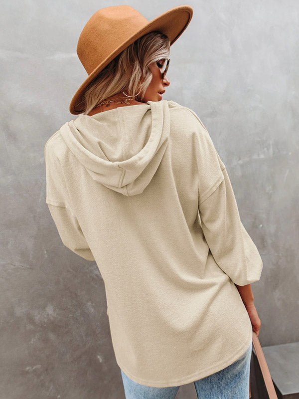 Loose Casual 7 Colors Buttoned Drawstring Hooded V-Neck Long Sleeves Hoodies