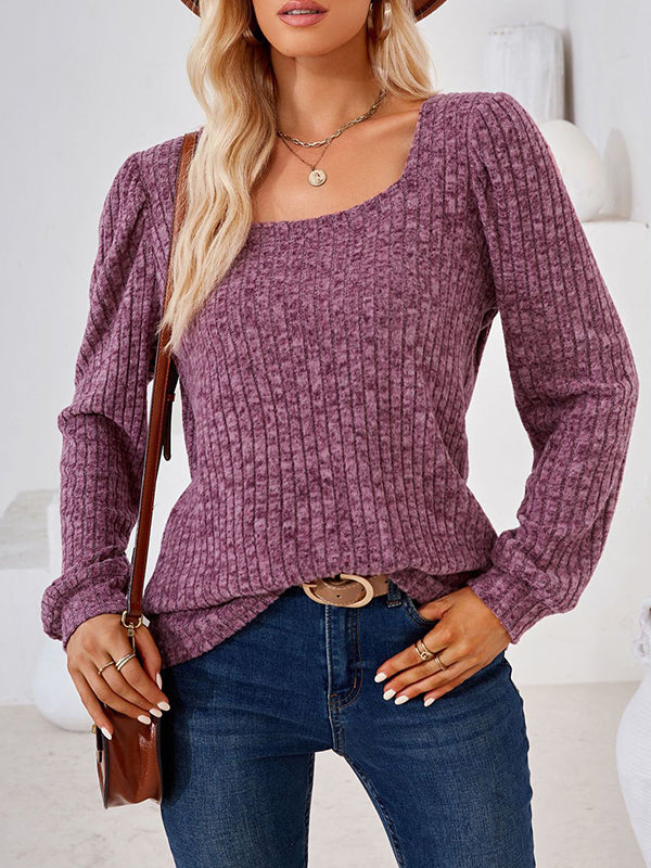 Long Sleeves Loose Solid Color Square-Neck T-Shirts Tops