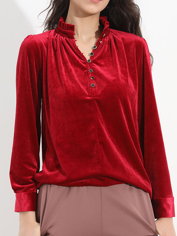 Long Sleeves Loose Buttoned Ruffled Velvet V-Neck T-Shirts Tops