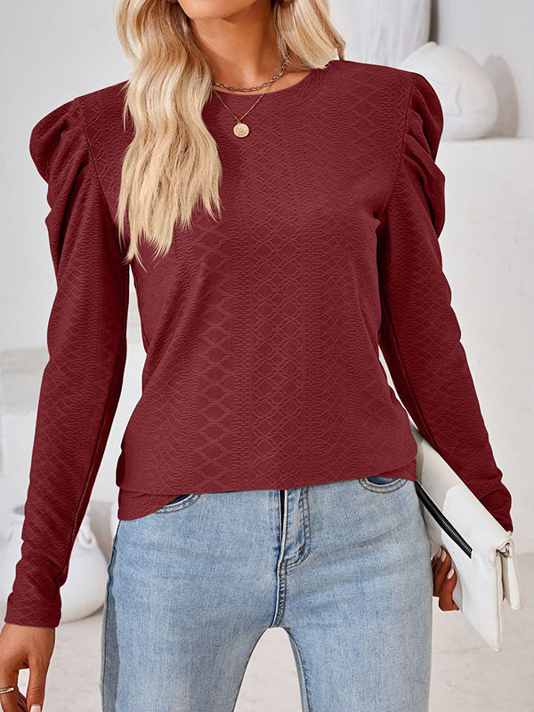 Long Sleeves Loose Pleated Solid Color Round-Neck T-Shirts Tops