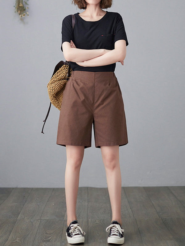 Simple Loose Casual Solid Color Linen Wide Leg Shorts