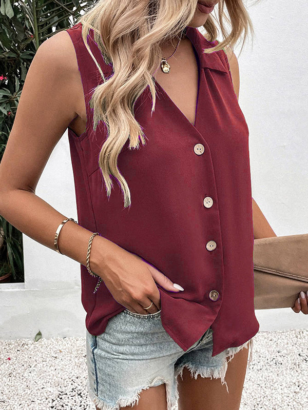 Loose Sleeveless Buttoned Solid Color Split-Joint V-Neck Vest Top