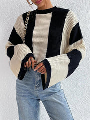 Flared Sleeves Contrast Color Striped Round-Neck Pullovers Sweater Tops