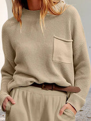 Long Sleeves Loose Pockets Solid Color Round-Neck Knitwear Pullovers Sweater Tops