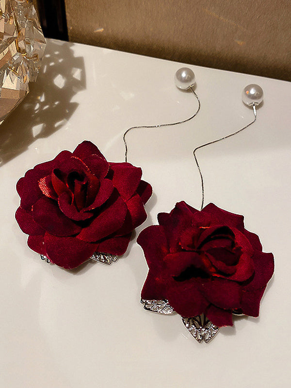 Vintage Red Rose Floral Pearl Earrings Accessories