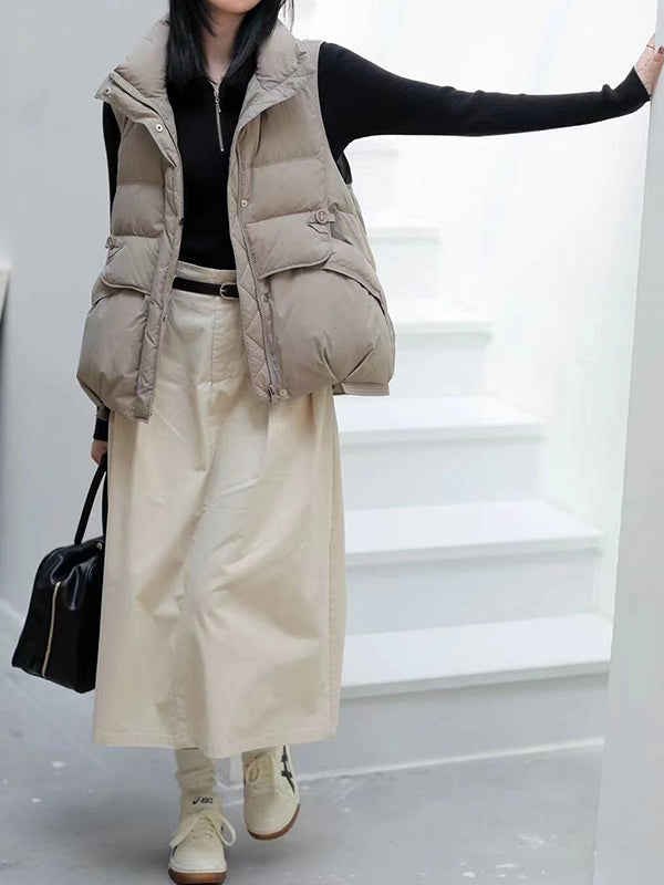 Loose Sleeveless Pleated Split-Joint Zipper Stand Collar Down Coat Padded Vest