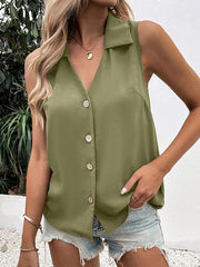 Loose Sleeveless Buttoned Solid Color Split-Joint V-Neck Vest Top