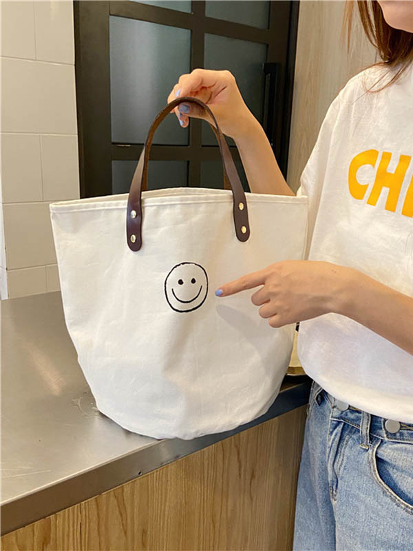 Vintage Canvas Smiling Face Printed Makeup Tote Bag Bucket Bag