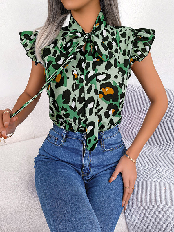 Cap Sleeve Loose Leopard Statement Collar Vest Top