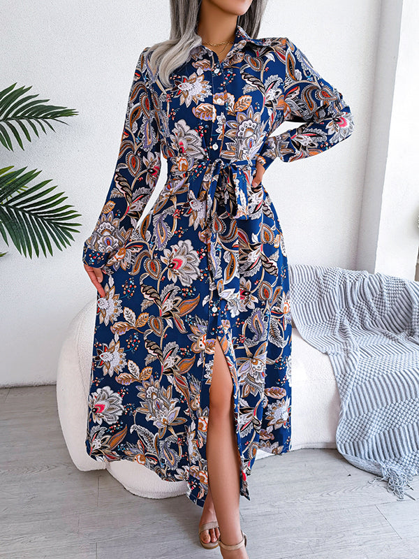 Long Sleeves Buttoned Flower Print Tied Waist Lapel Maxi Dresses