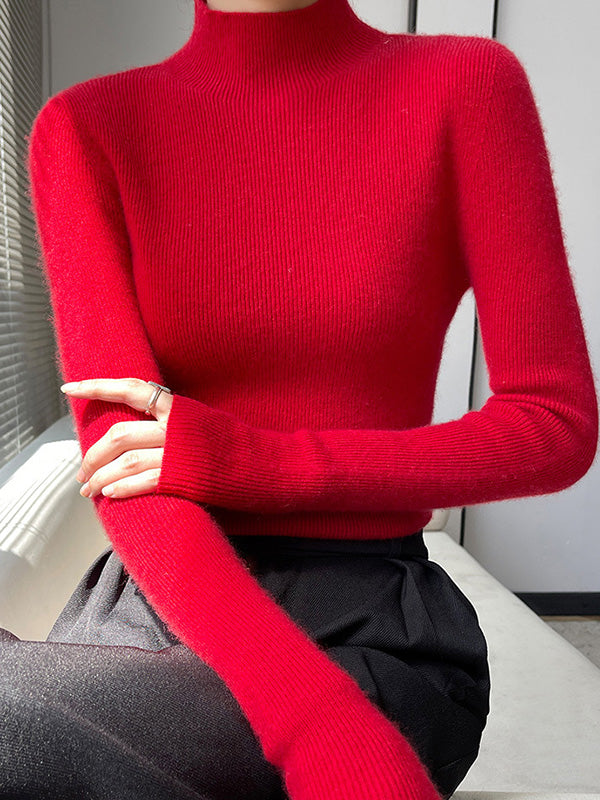 Casual Skinny Long Sleeves Solid Color Half Turtleneck Sweater Tops