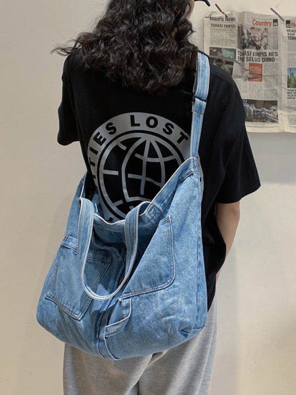 Casual Denim Split-Joint Solid Color Bags Accessories