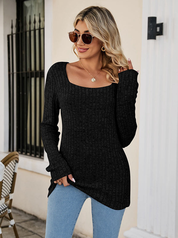 Casual Long Sleeves Skinny Solid Color Square-Neck Sweater Tops