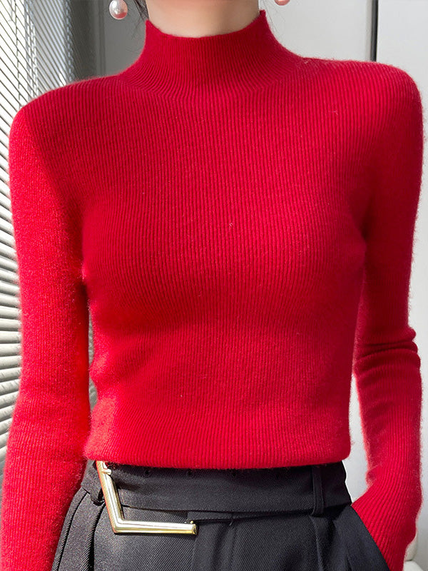 Casual Skinny Long Sleeves Solid Color Half Turtleneck Sweater Tops