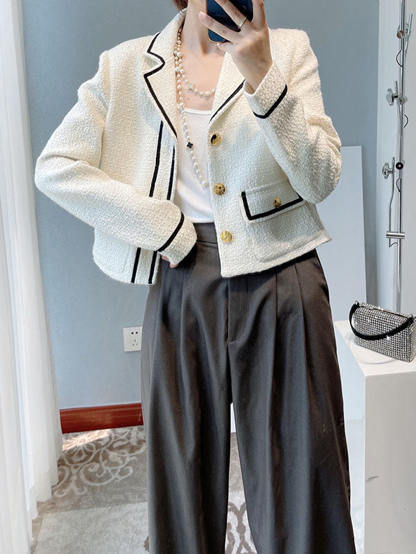 Long Sleeves Loose Buttoned Pockets Notched Collar Outerwear Woolen Coat