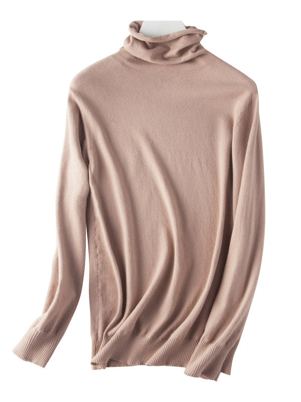 Simple Loose Long Sleeves Solid Color High-Neck Sweater Tops