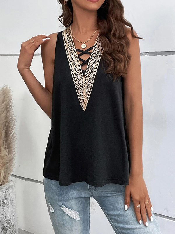 Loose Sleeveless Hollow Split-Joint V-Neck Vest Top