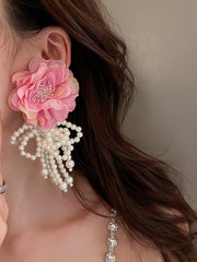 Flower-Embellished Imitation Pearl  Tasseled Earrings Accessories