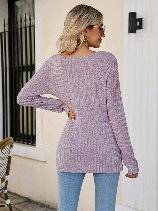 Casual Long Sleeves Skinny Solid Color Square-Neck Sweater Tops