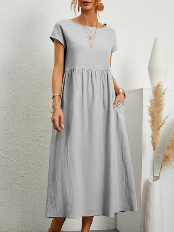 Loose Short Sleeves Pleated Solid Color Round-Neck Midi Dresses