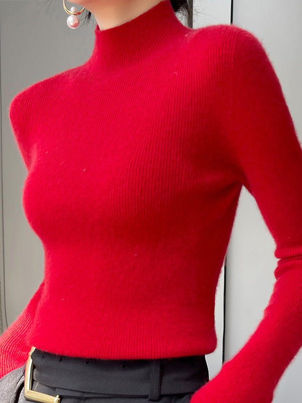 Casual Skinny Long Sleeves Solid Color Half Turtleneck Sweater Tops