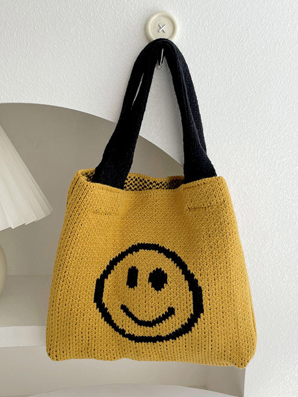 Smiley Face Pattern Woven Handbag