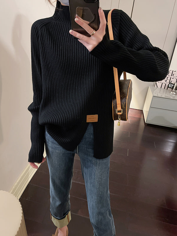 Long Sleeves Loose Split-Front Mock Neck Pullovers Sweater Tops