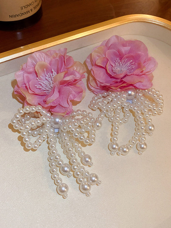 Flower-Embellished Imitation Pearl  Tasseled Earrings Accessories