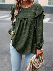 Loose Puff Sleeves Hollow Jacquard Solid Color Split-Joint Round-Neck T-Shirts