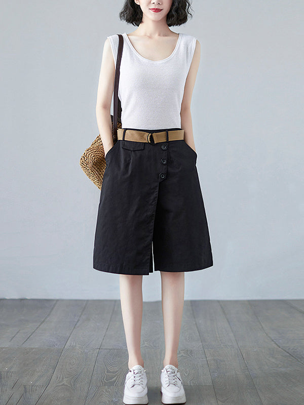 Artistic Retro Solid Color Wide Legs Belted High-Waisted Shorts