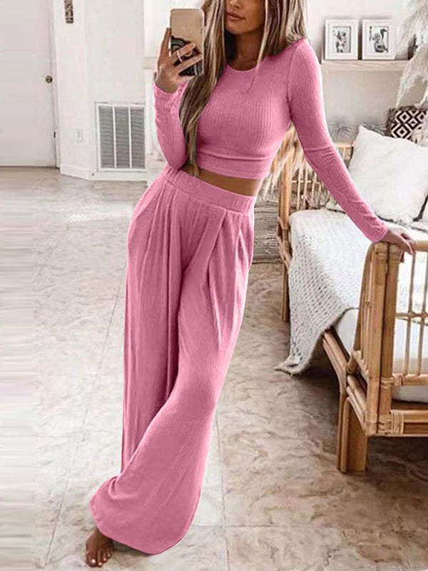 Plus Size Solid Color Round-Neck Long Sleeves Shirts Top + Pants Bottom Two Pieces Set