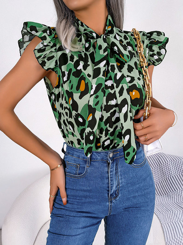 Cap Sleeve Loose Leopard Statement Collar Vest Top