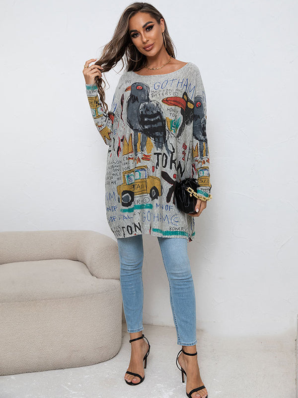 Casual Long Sleeves Loose Cartoon Printed Contrast Color Round-Neck Sweater Tops