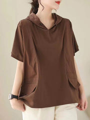 Loose Short Sleeves Solid Color Hooded T-Shirts Tops