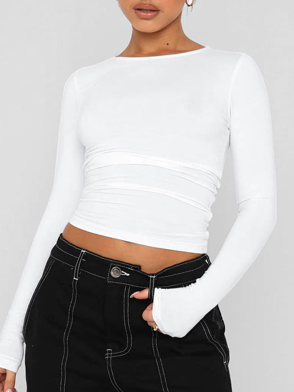 Long Sleeves Skinny Solid Color Round-Neck T-Shirts