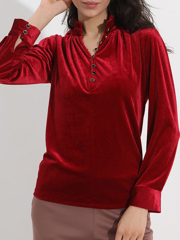 Long Sleeves Loose Buttoned Ruffled Velvet V-Neck T-Shirts Tops